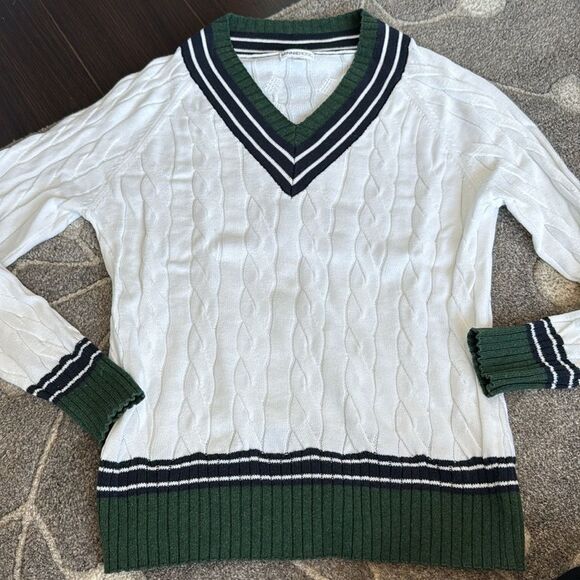 Minnie Rose Green and White V-Neck Cable Knit Sweater, XS - Picture 4 of 8